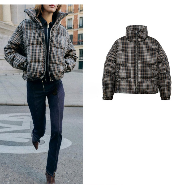 เสื้อแจ็คเก็ตแขนยาวสำหรับผู้หญิง สไตล์มินิมัล ซิปหน้า มีฮoodie เช็คพัท ทำจากผ้าฝ้าย ใหม่ 8372024