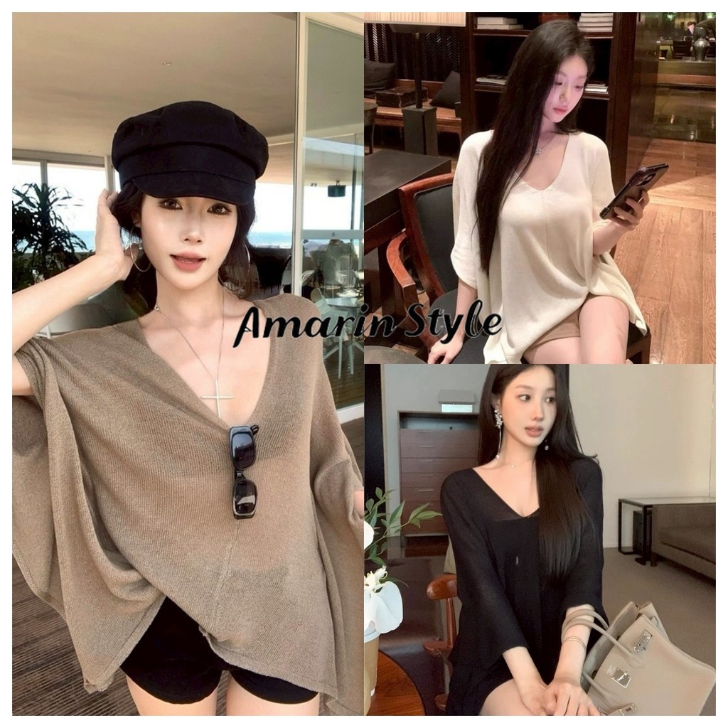 Amarin🌸พร้อมส่ง🌸เสื้อไหมพรมคอวีแขนสั้น ทรงหลวมเก๋ เนื้อผ้านุ่ม ใส่สบาย เกิร์ลลี่สไตล์ U213