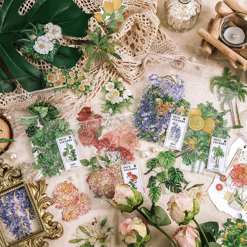 ภูมิทัศน์ Green Island Garden Retro คู่มือวัสดุ PET สติกเกอร์กันน้ําดอกไม้คู่มือตกแต่ง diy สติกเกอร์