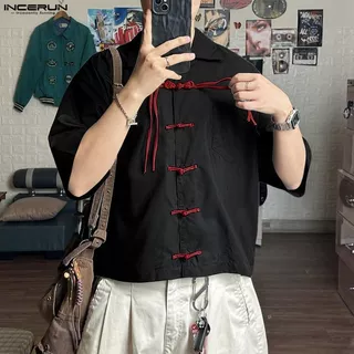 INCERUN ผู้ชายเกาหลีสไตล์แห่งชาติLapel Raglanแขนกบปุ่มออกแบบหลวมสีคมชัดเสื้อ
