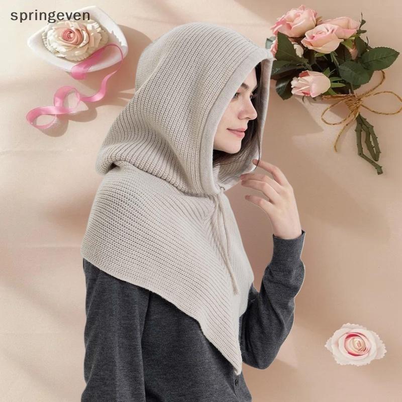 Springeven ฤดูหนาว Balaclava หมวกผ้าพันคอสําหรับผู้หญิงสาวสีทึบถักหมวกคลุมด้วยผ้ากลางแจ้ง Warm ชิ้นเ