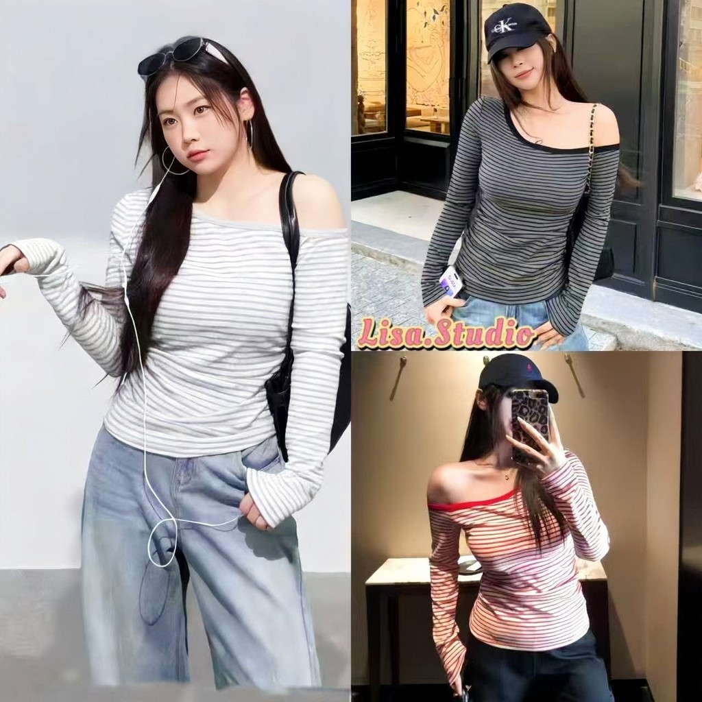 Lisa พร้อมส่ง เสื้อยืดแขนยาว ปาดไหล่ลายทางสีตัดกัน เหมาะกับสาวอวบๆ ผ้าดี แต่งตัวง่าย สไตล์เกาหลีสุดฮอต สำหรับผู้หญิง