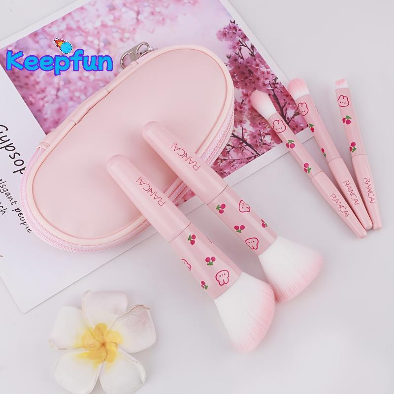 [Keepfun] ชุดแปรงแต่งหน้าขนาดกะทัดรัดน่ารัก 5 ชิ้นพร้อมเคสแปรงพรีเมี่ยมสําหรับรองพื้น, บลัชออน, อายแชโดว์แอพพลิเคชั่นเครื่องมือความงาม [ใหม่]