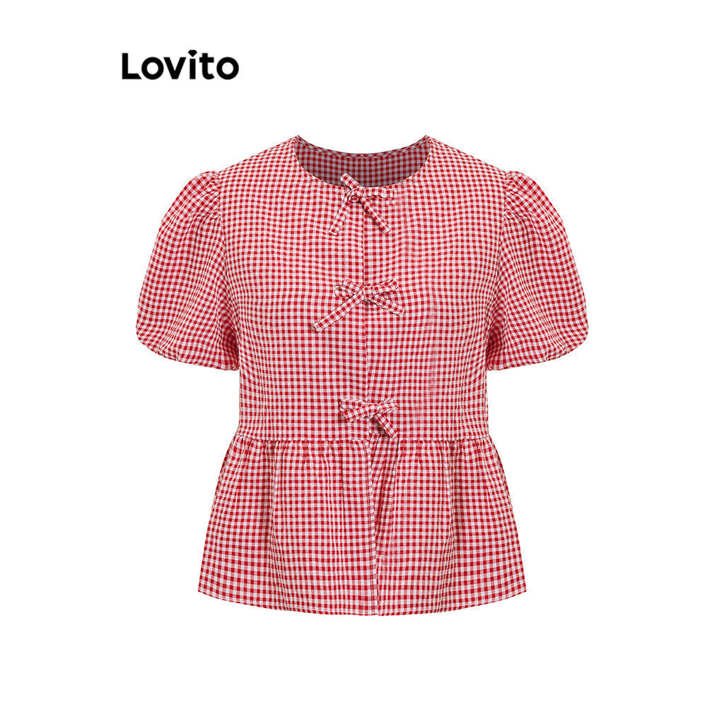 Lovito เสื้อเบลาส์ลายสก็อตผูกโบว์ด้านหน้าสำหรับเทศกาลคริสต์มาสสุดน่ารักสำหรับผู้หญิง L101AD087