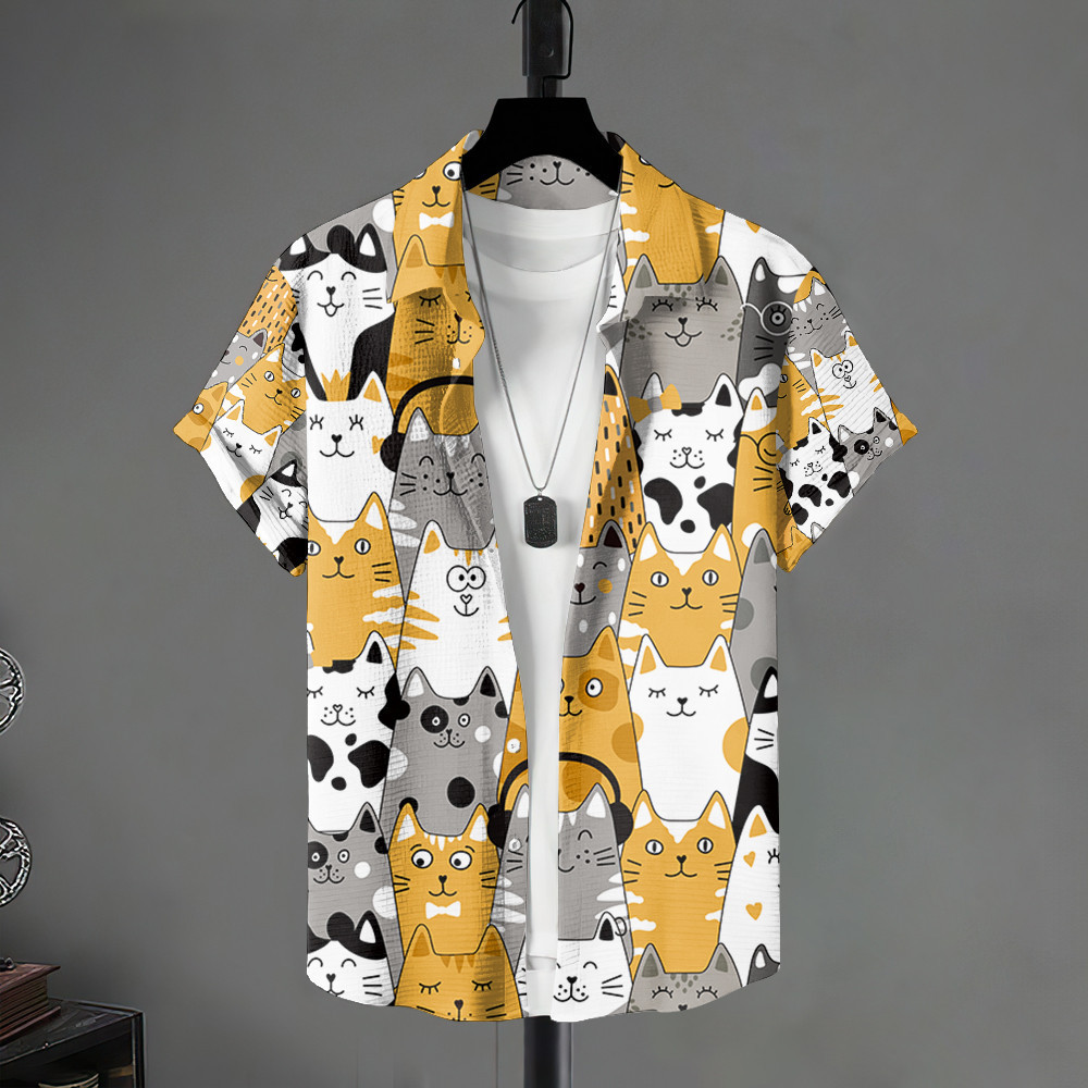 เสื้อฮาวายแขนสั้นสีเหลืองลายลูกแมว สำหรับผู้ชาย ในฤดูร้อน สไตล์สบาย ๆ