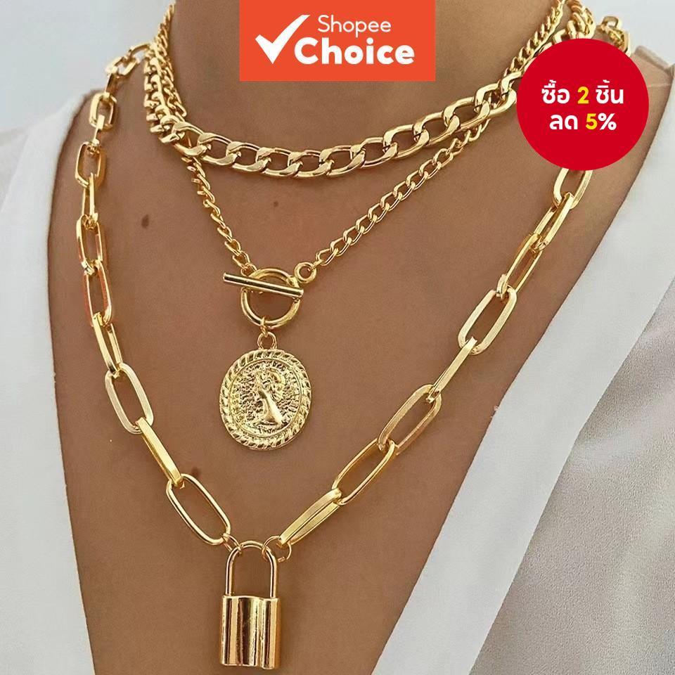 ชุดสร้อยคอโลหะผสมวินเทจของผู้หญิง3ชิ้นรอบล็อคจี้OTหัวเข็มขัดชั้นโซ่