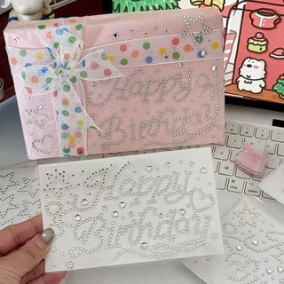 Silver Happy Birthday Rhinestone สติกเกอร์ 3D Heart Star สติกเกอร์เพชรของขวัญกล่องสติกเกอร์ตกแต่ง