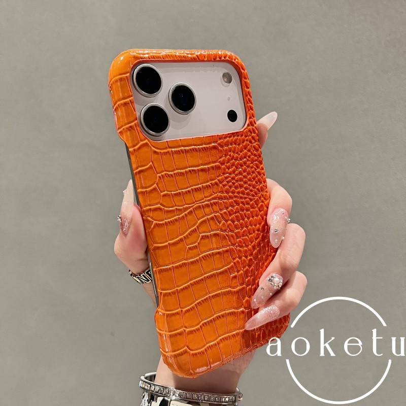 เหมาะสําหรับ แอปเปิล 17 เคสโทรศัพท์ลายจระเข้สีส้ม ไอโฟน 17 โปรแม็กซ์ ผิวมัน 16มือโปร ป้องกันการตก 15 ง่าย 14/13/12/11 ครึ่งแพ็คเคสกระจายความร้อน