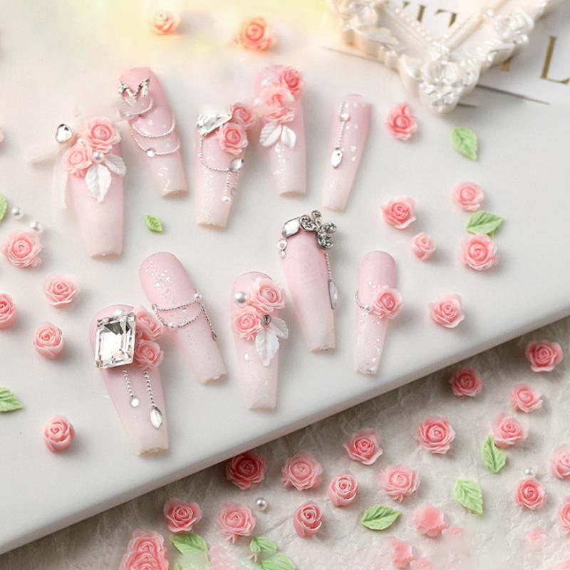 DSTH 50pcs 3D ขนาด 6/7/8 มม.ดอกไม้เรซิ่น Rose เล็บ Charms อุปกรณ์เสริมสีชมพู Rose สีแดงเล็บ Luxury Decoratons อุปกรณ์ DIY ร้อน
