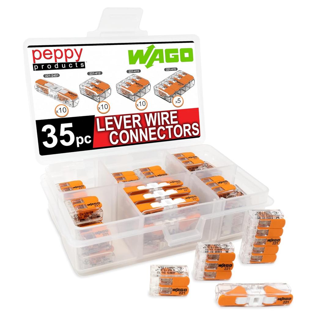 WAGO 221 Lever Nuts 35pc Compact Splicing Wire Connector Assortment with Case. รวม 221-2401, 221-412