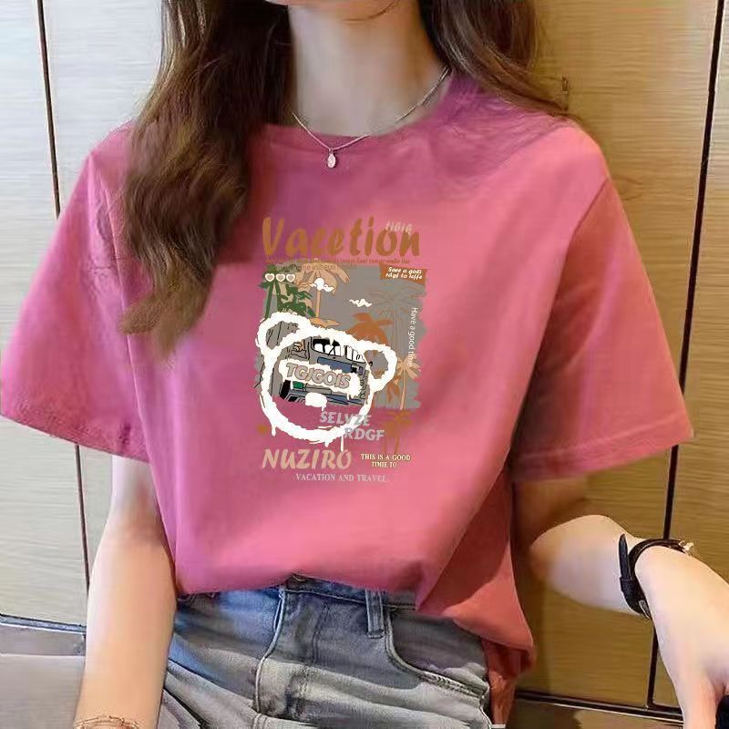 ปลาค็อด ปลาค็อด 2026100% ผ้าฝ้ายแท้แขนสั้นเสื้อยืดผู้หญิง2024ฤดูร้อนสไตล์ใหม่พีชสีชมพูหลวมขนาดใหญ่รอ