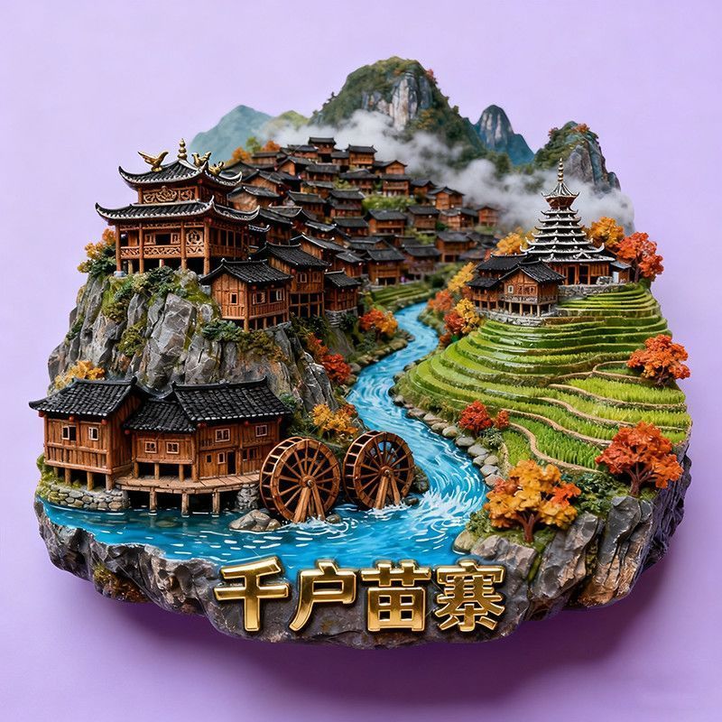 贵州西江千户苗寨金属冰箱贴 万家灯吊脚楼聚落 旅游文创纪念4-1Guizhou Xijiang Qianhuhu Miao Village Metal Refrigerator Magnet, Wan