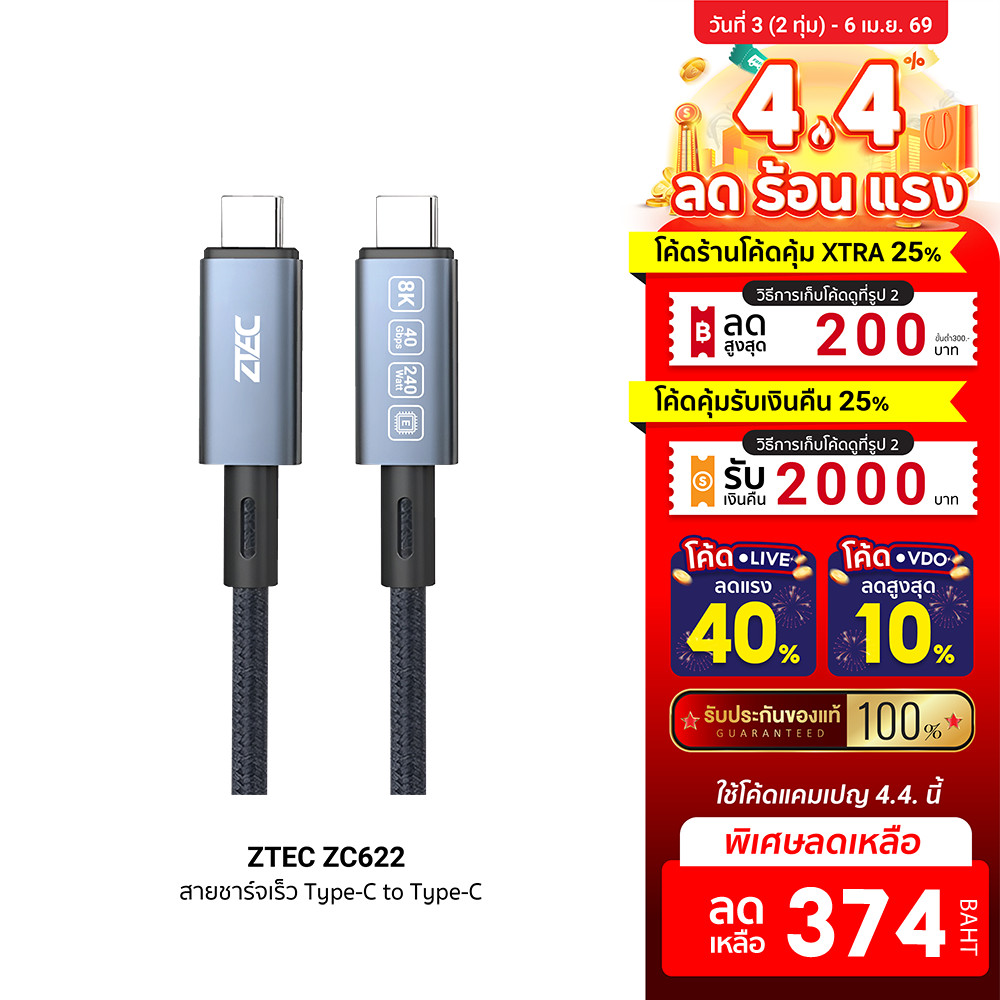 [ลดเหลือ 374] ZTEC ZC622 สายชาร์จไนลอนถัก 240W USB-C to USB-C Thunder 4 / 3 , USB4 รองรับการเชื่อมต่