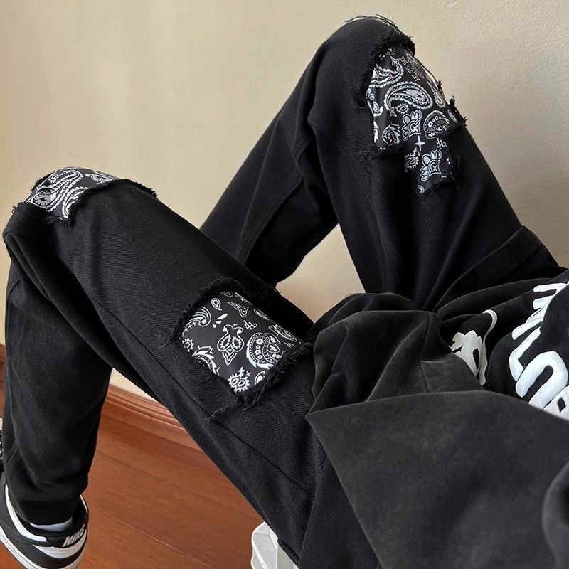 Cashew Flower Ripped Jeans Men Niche Design Feel Dark Style American hiphop Straight Mopping Floor P