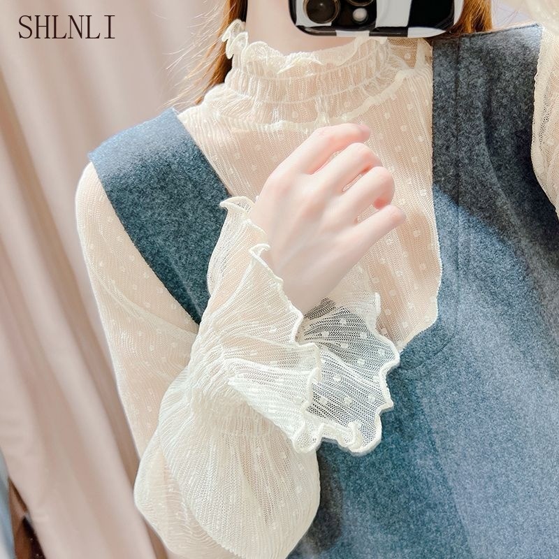 เสื้อลูกไม้คอดàiสำหรับผู้หญิงสีเรียบ เหมาะสำหรับฤดูใบไม้ผลิและฤดูร้อน