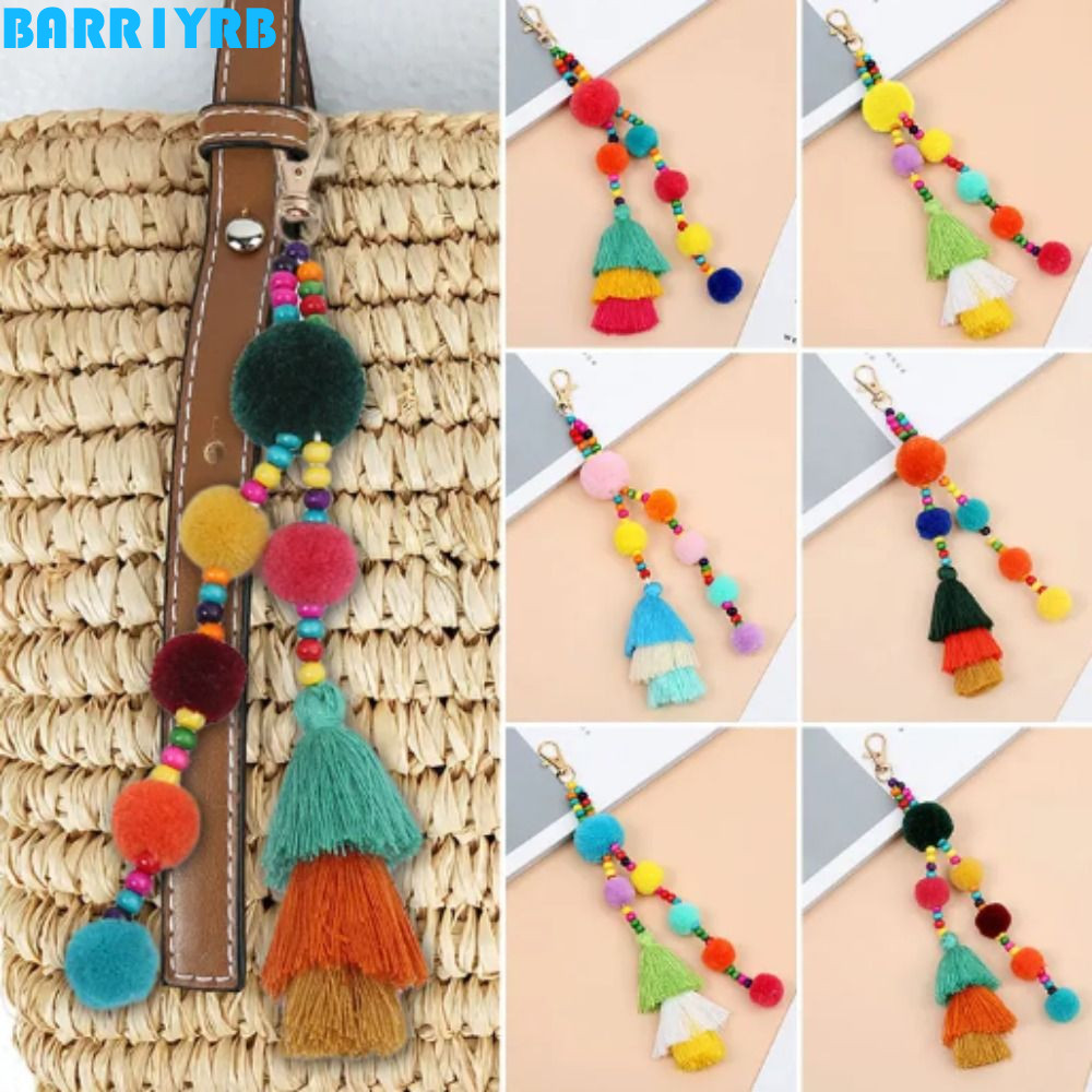 BARR1YRB Boho สไตล์ผม Ball พู่พวงกุญแจ, Boho สไตล์ที่มีสีสัน Boho สไตล์พวงกุญแจ, Boho เครื่องประดับ 