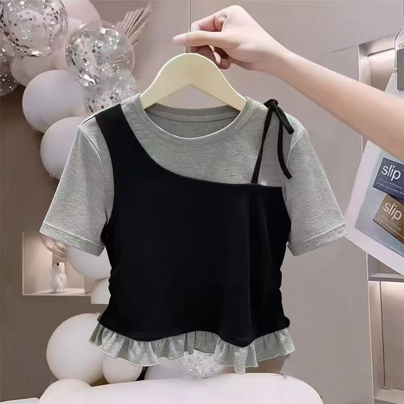 ท็อปส์ซู สไตล์เกาหลี หวานๆ เสื้อยืดแขนสั้น สำหรับวันหยุดและโอกาสต่างๆ