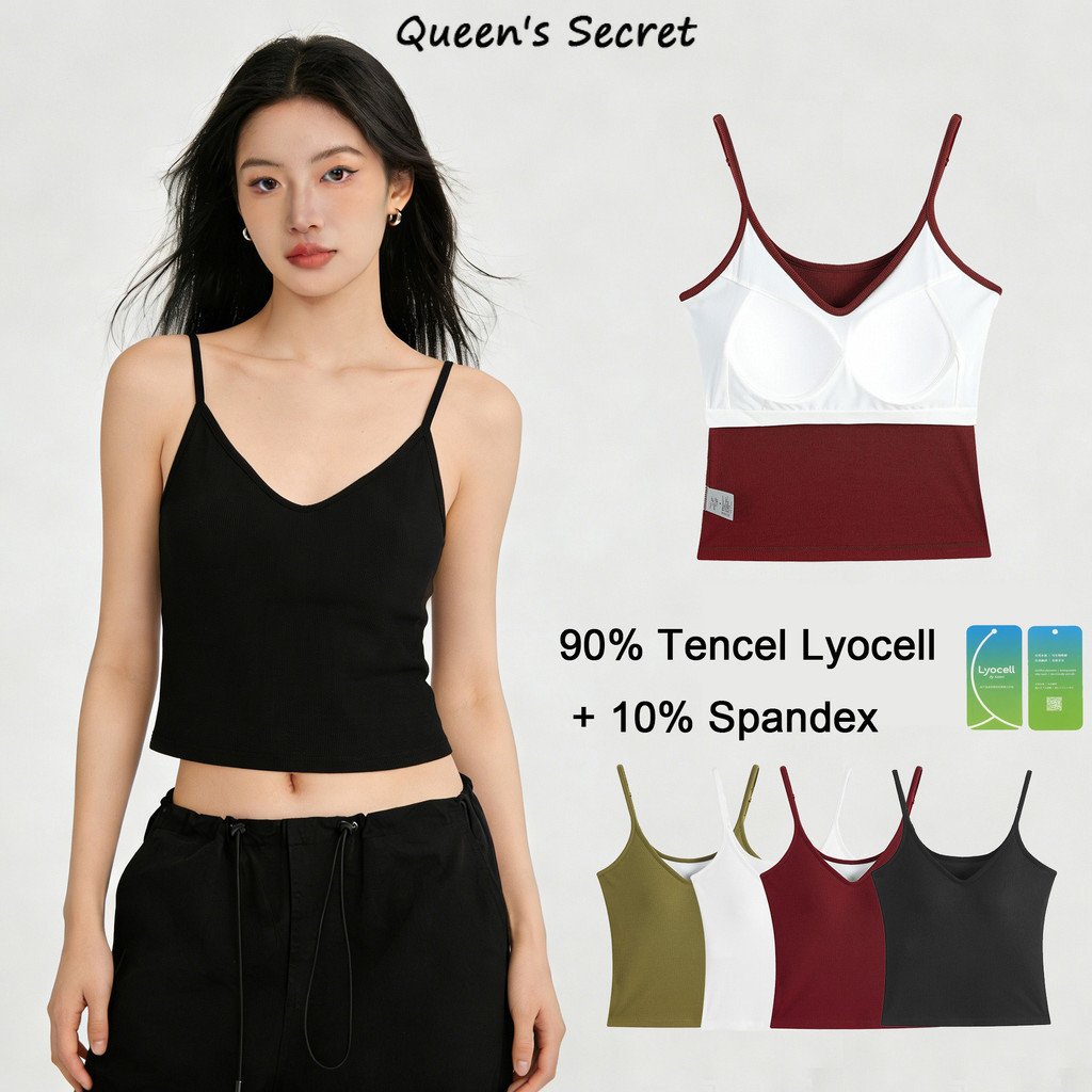 [Queen Secret] เสื้อครอปสายเดี่ยวLyocell คอล์ดวี มีบราในตัว