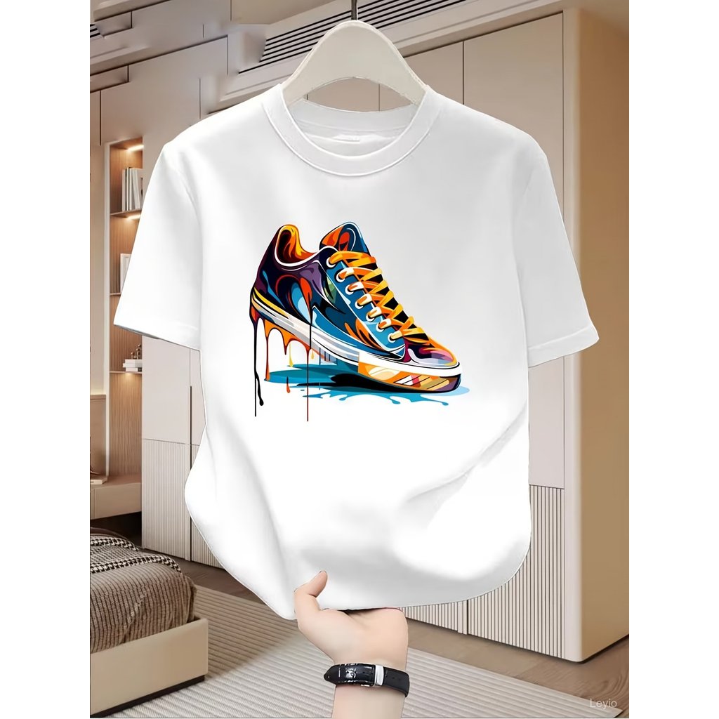 เสื้อยืดแขนสั้นผู้ชายสำหรับฤดูร้อน พิมพ์ลายกราฟฟิตีรองเท้าผ้าใบและลายสเปรย์หมึก สไตล์สตรีทแวร์ - เสื้อคอกลมแบบสบายๆ ระบา