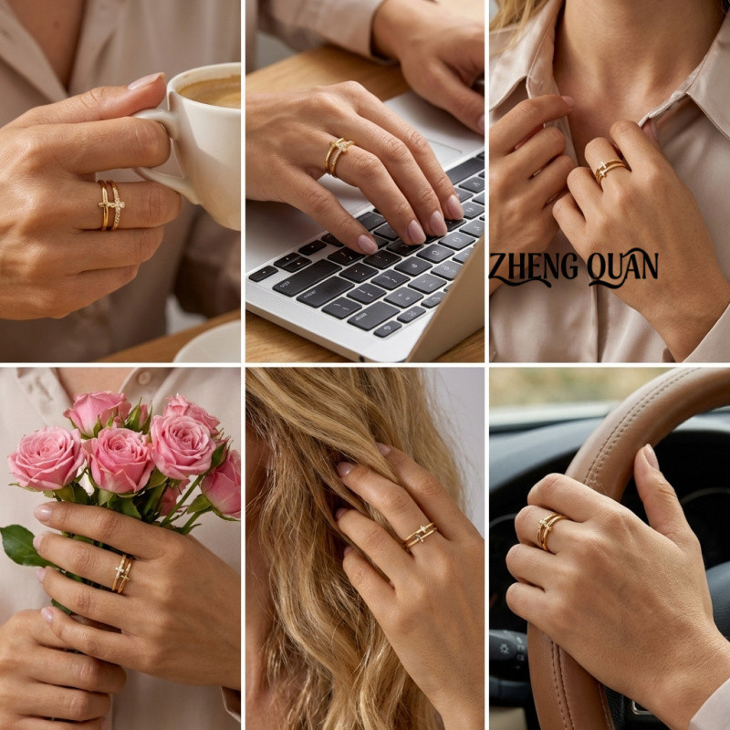 Cubic Zirconia & Gold CopperTrendy Double Layer Cross Ring Stacked Illusion Openwork Pave CZ Wide Band ราคา ถูกที่สุด ดีลบีเคเค แกลเลอรีภาพที่ 7