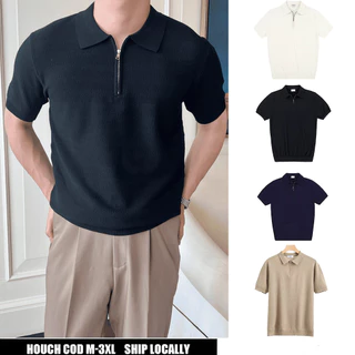 【Houch พร้อมส่ง COD】เสื้อโปโลผู้ชายสีทึบปกเสื้อซิปกีฬาแขนสั้นฤดูร้อนสบาย ๆ สบาย ๆ