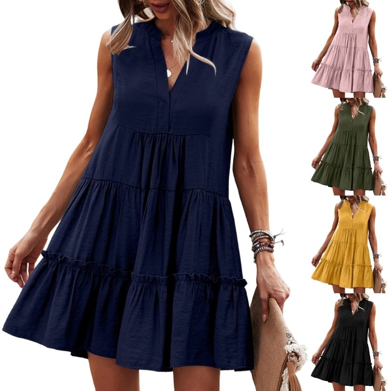 EDB* ผู้หญิง Ruffle Tiered ชุดเดรสแขนกุด V คอ Flowy Vacation