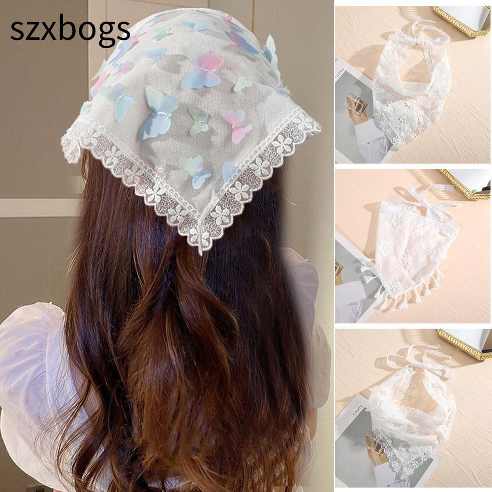 SZXBOGS Wrap Scarf, Openwork White Lace Triangle Hair Head, Cloth Head Scarf