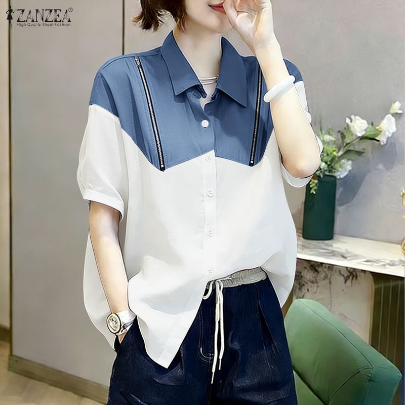 ZANZEA เสื้อผ้าสไตล์เกาหลีสำหรับผู้หญิง แจ็กเกตดีนิมแบบเรียบๆ มีกระดุมและซิปรูปแบบตัดต่อสี — صورة 6