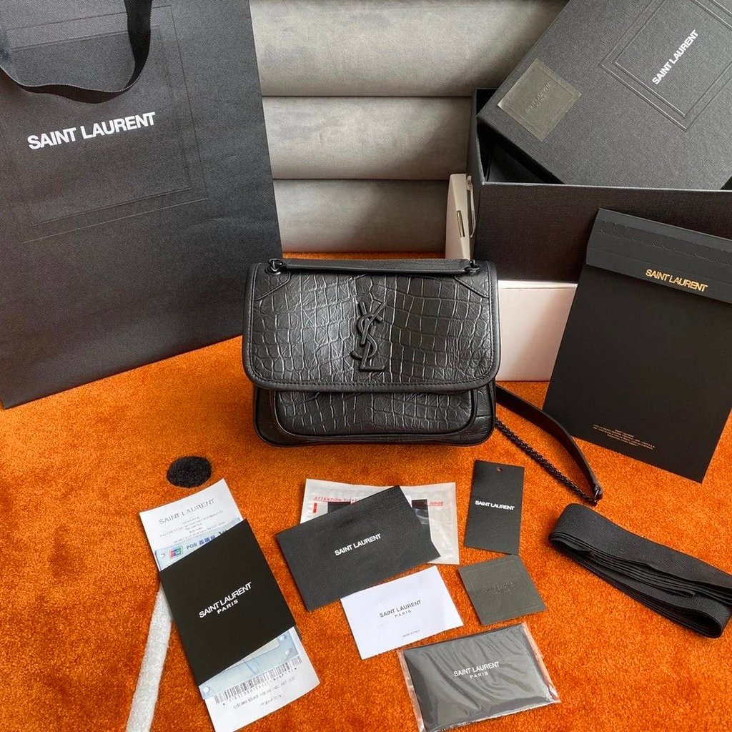 YSL Black-Niki Retro กระเป๋าสะพายโซ่หนังแท้ ลายจระเข้ ขนาดเล็ก ความจุเยอะ 533037