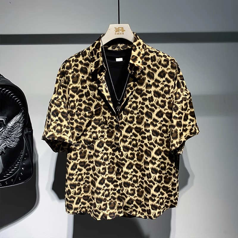 ขนาดใหญ่พิเศษขนาด 150 กก. High-End Mens Wear Street Wear เสื้อแขนสั้นเสือดาวพิมพ์เสื้อฤดูร้อนสไตล์ให