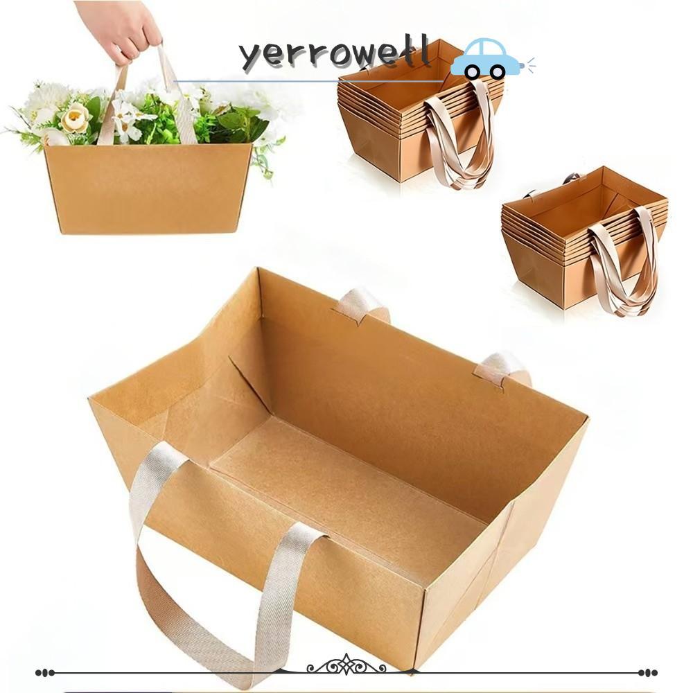 YERROWELL 4/8/12/16PCS กระดาษคราฟท์ตะกร้าของขวัญ,พร้อมที่จับกันน้ํากระดาษคราฟท์ DIY กระเช้าเปล่ากระดาษคราฟท์กล่องบรรจุภัณฑ์ของขวัญงานแต่งงาน
