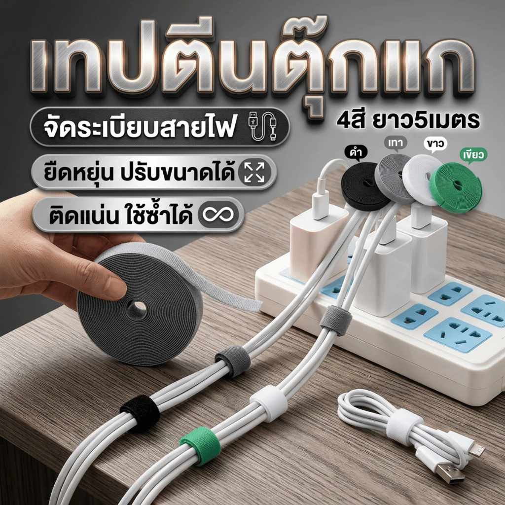 เทปตีนตุ๊กแกพรีเมียม 5 เมตร ตีนตุ๊กแกไนลอนทนทาน ใช้ซ้ำได้คุ้มมาก