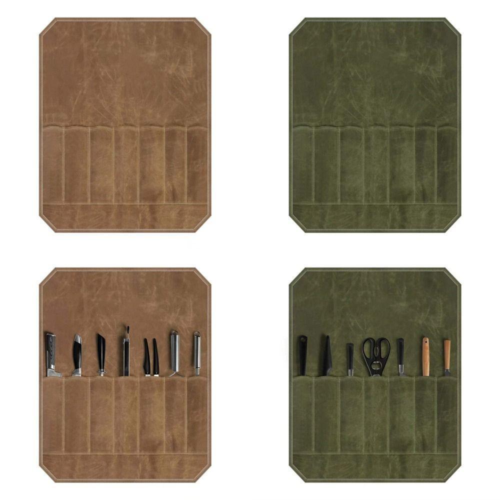 ROSEGOOD Chef Tools Carrier, แบบพกพา 7 ช่อง Chef Tools Storage Bag, Vintage Roll-Up Design กันน้ํา M