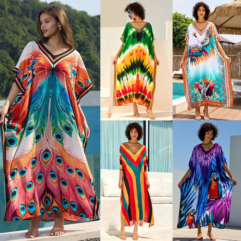 Oversize พิมพ์ชุดชายหาด V คอชุดว่ายน้ํา Cover Ups Plus ขนาด Robe De Plage พิมพ์ Kaftan