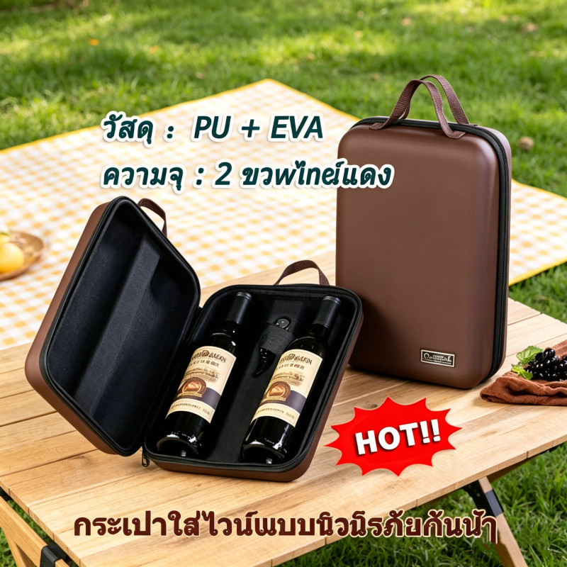 กระเป๋าใส่ไวน์นิรภัยกันน้ำ 2 ขวด กันกระแทก ถอดซับในได้ ฟรีที่เปิดขวด สี Black