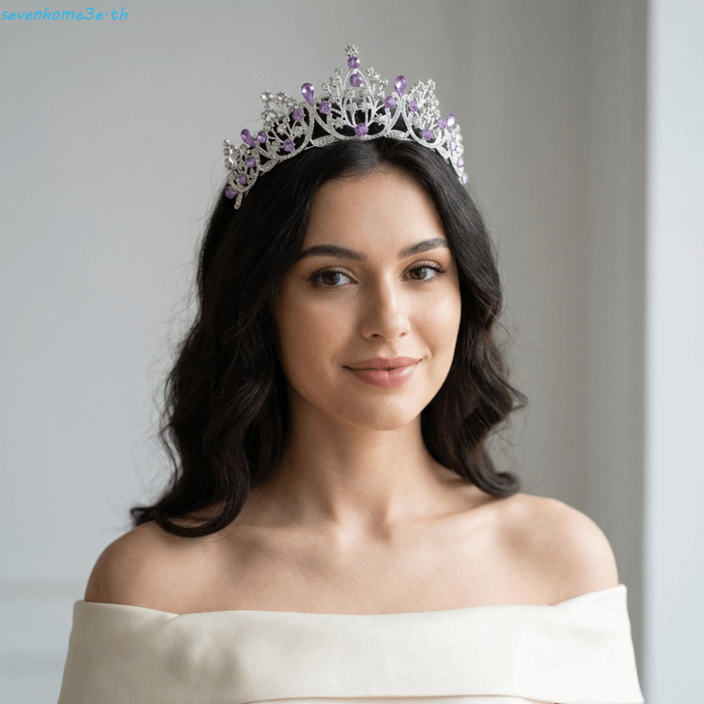 SEVENHOME3E Tiara Princess Style, เครื่องประดับผมสีทอง ที่คาดผมหรูหราMetal Stone Crown สำหรับงานแต่ง