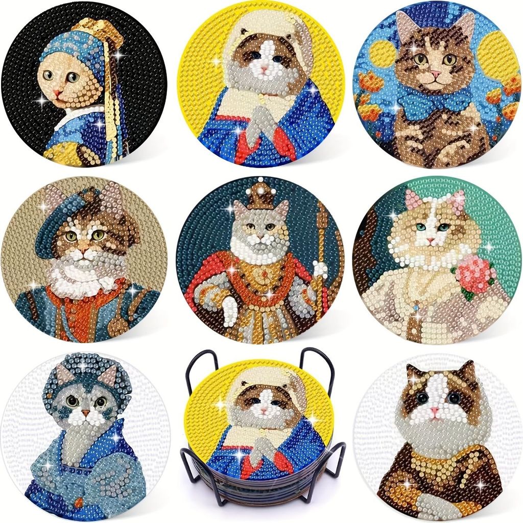 HF8- ชิ้นชุดหัวแมวน่ารัก DIY Diamond Art Coaster พร้อมที่วางต้องมีสําหรับตกแต่งบ้านที่ทันสมัย