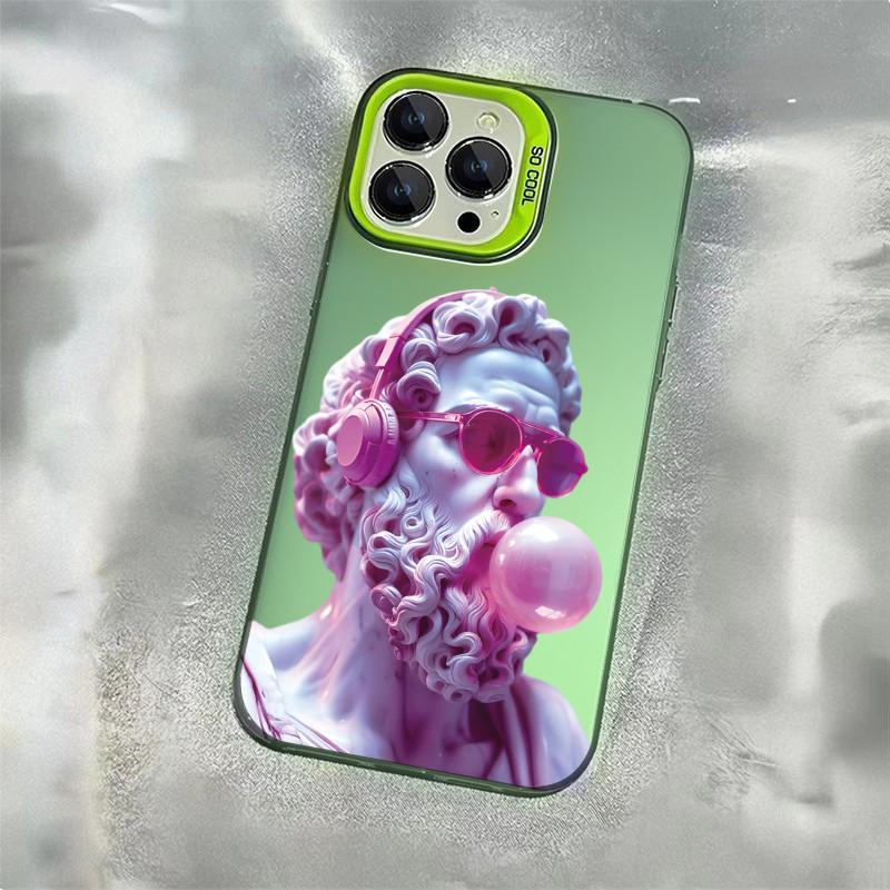 เคสแม็ก iPhone 17 16 15 14 13 12 11 Pro Max Plus ลายรูปปั้นโซเครตีสเท่ๆ ขอบสีเขียวสดใสดีไซน์เก๋ไก่ไม่ซ้ำใคร