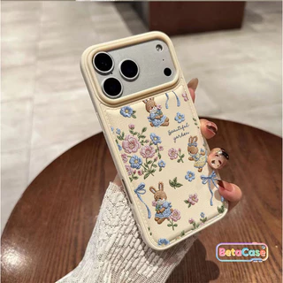เคสมือถือลายกระต่ายดอกไม้สีชมพู+ฟ้า หวานๆ พิมพ์ลายใหม่ รองรับ iPhone 17-16-15-14-13-12-11 Pro Max/Plus