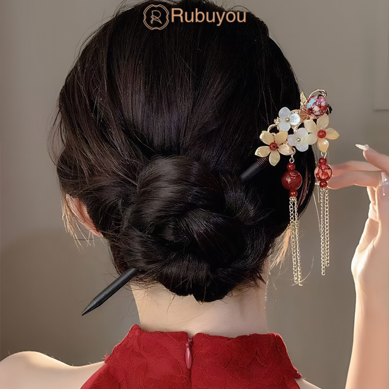 Rubuyou ปิ่นปักผมผู้หญิง สไตล์โบราณ หรูหรา ประดับด้วยดอกไม้และพู่-COD💕