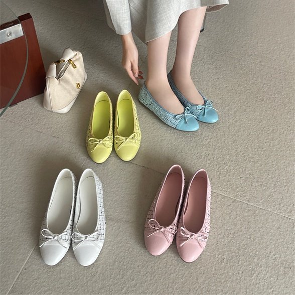 TT Bow Sweet Flat Shoes Stitching Round Toe One-Pedal Ballet Shoes