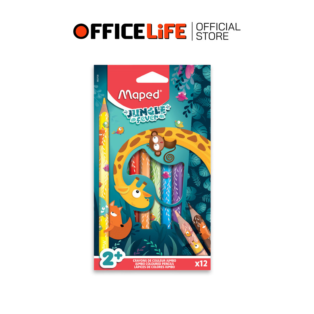 Maped (มาเพ็ด) สีไม้จัมโบ้จังเกิ้ล 12 สี  Pencils Jungle Fever สีไม้ด้ามสามเหลี่ยม ( กล่อง )