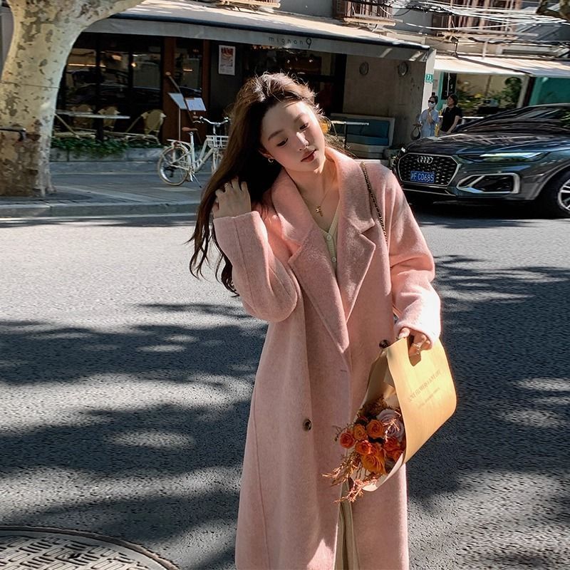 Pink Coat Women 2025 ใหม่สไตล์เกาหลีความยาวกลาง Trench Wool Blend Gentle Casual