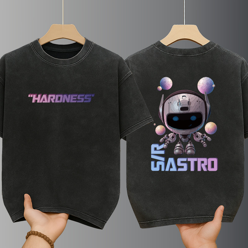 เสื้อยืดฟอก สกรีนลายการ์ตูนหุ่นยนต์อวกาศเท่ๆ oversize เสื้อฟอกผู้ชาย สตรีทแฟชั่น สไตล์เมริกา คอกลม-แขนสั้น ผ้าฝ้าย100%