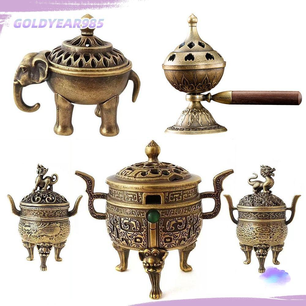GOLDYEAR985กระถางธูปไม้จันทน์,วินเทจโลหะผสมปีม้าโลตัสธูป Censer,กลวงออกช้างโชคดีมินิเตาสามขาสําหรับพิธีชงชาตกแต่งบ้าน