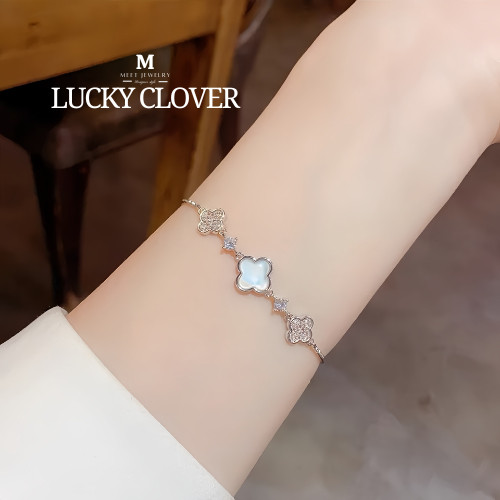 💕กำไลเงิน Lucky Clover กำไลเงินแท้ สร้อยข้อมือปรับได้ กำไลแฟชั่น กำไลข้อมือเงินแท้ กำไลเพชร S005