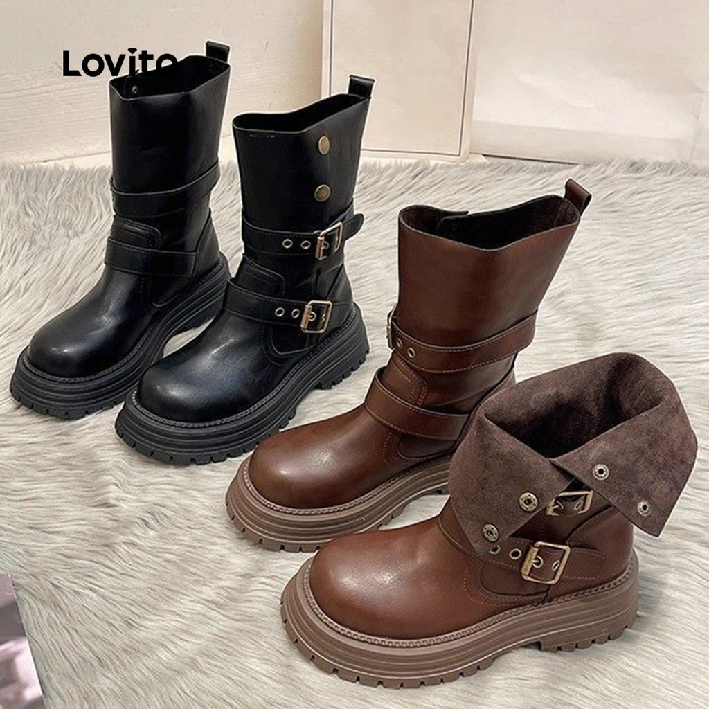 Lovito รองเท้าบูทผู้หญิงสไตล์แคชชวลไมลาร์ LFA103176
