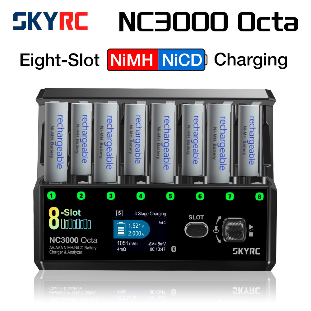 8-Slot AA/AAA NiMH NiCD Charger | SKYRC NC3000 Octa Charger | 7 Smart Modes, 48W Charge & 30W Discha