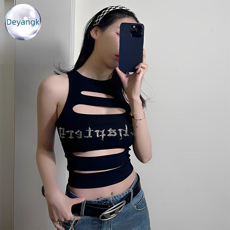 Deyangk ผู้หญิงแฟชั่น Y2K Streetwear แฟชั่นไม่สม่ําเสมอ Hollow Out รอบคอเซ็กซี่แน่นแขนกุดสีดํา Crop 