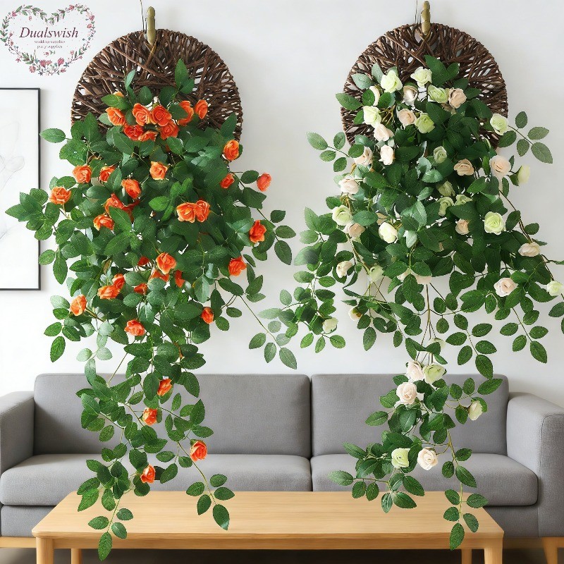Dualswish ประดิษฐ์ Rose Vine แขวนผนัง Faux ดอกไม้ Greenery พืชพลาสติกสําหรับระเบียงตกแต่งผนังกลางแจ้งแขวนเถาดอกไม้ตกแต่งสําหรับลานบ้านสวน